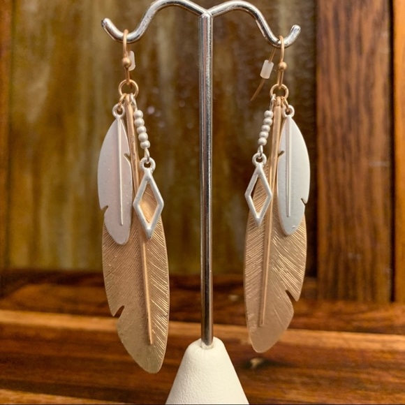 Double Metal Feather Dangle Earrings Mostly Gold - Picture 3 of 6